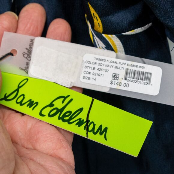 Women's Size 14 SAM EDELMAN Blue Floral Midi Sheath Dress Knee Length Polyester - Picture 4 of 4